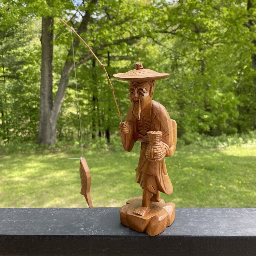 Vintage Style Chinese Old Fisherman Hand Carved Wooden Sculpture 10 Inches Tall